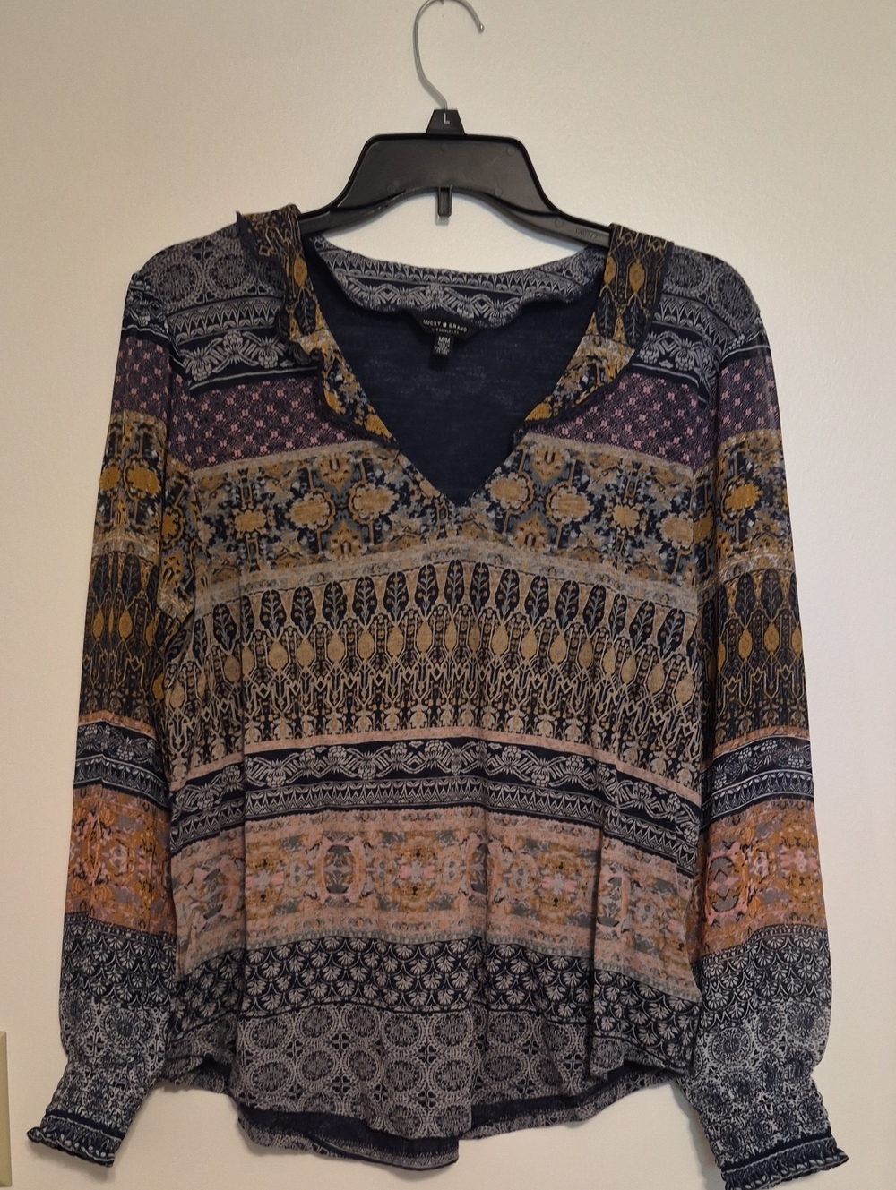 Vintage Lucky Brand Navy, Mustard and Pink Boho V-Neck Blouse SZ M